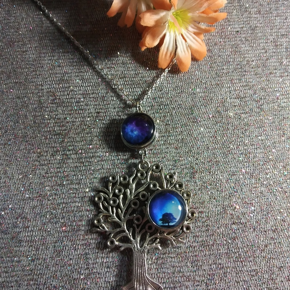 Tree of life necklace with cosmos.  Silver tone.